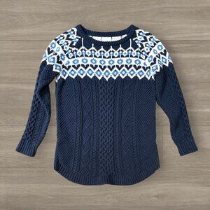 LL Bean Signature Navy Blue Fair Isle Cable Knit Sweater Nordic Ski Lodge Size L